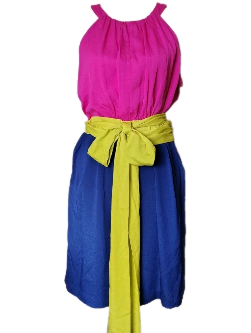 New Gianni Bini Colorblock Halter Dress With Lime Waist Tie